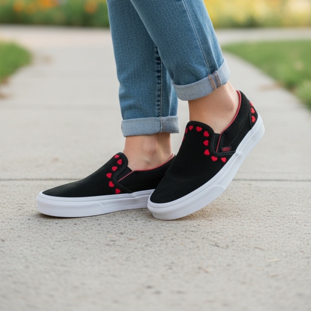 Vans Classic Slip-On Black Suede Red Hearts Skate Shoes Women's Sz 9 Valentine